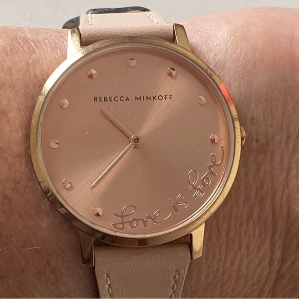 Rebecca Minkoff Rose Gold Love round Face Tan Leather Quartz Watch